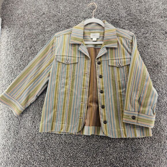 Christopher & Banks green striped medium button up 3/4 sleeve jacket - Picture 1 of 9